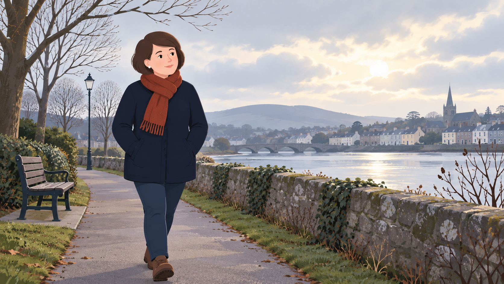 Woman taking a daylight walk through an Irish town to support her mental health during winter.