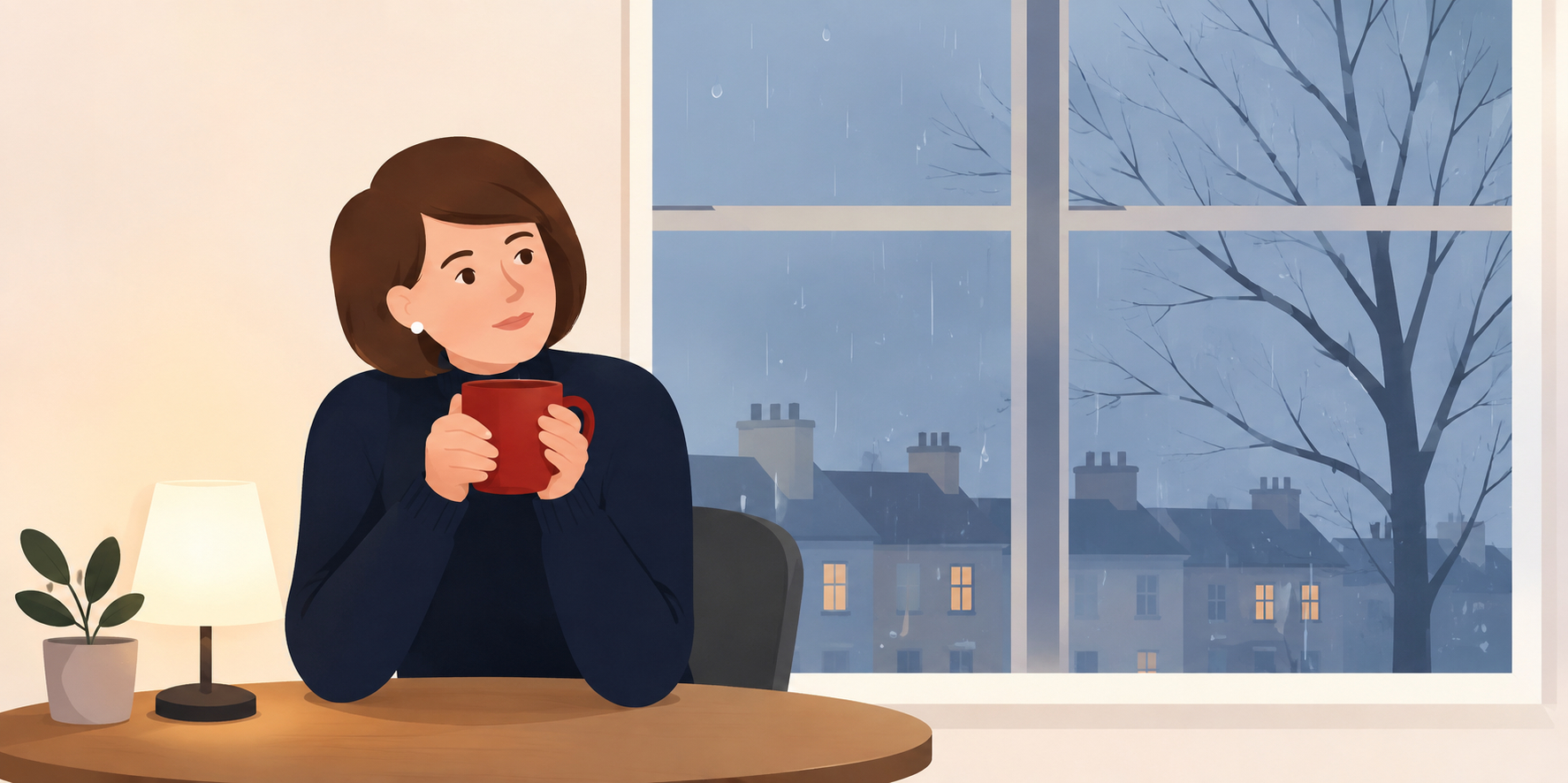 Winter Blues Woman holding a warm drink beside a window on a dark, rainy winter evening.