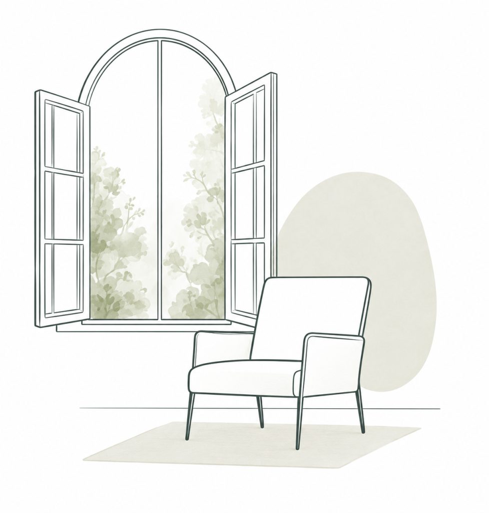 Illustration of an armchair beside an open arched window with leafy branches outside.