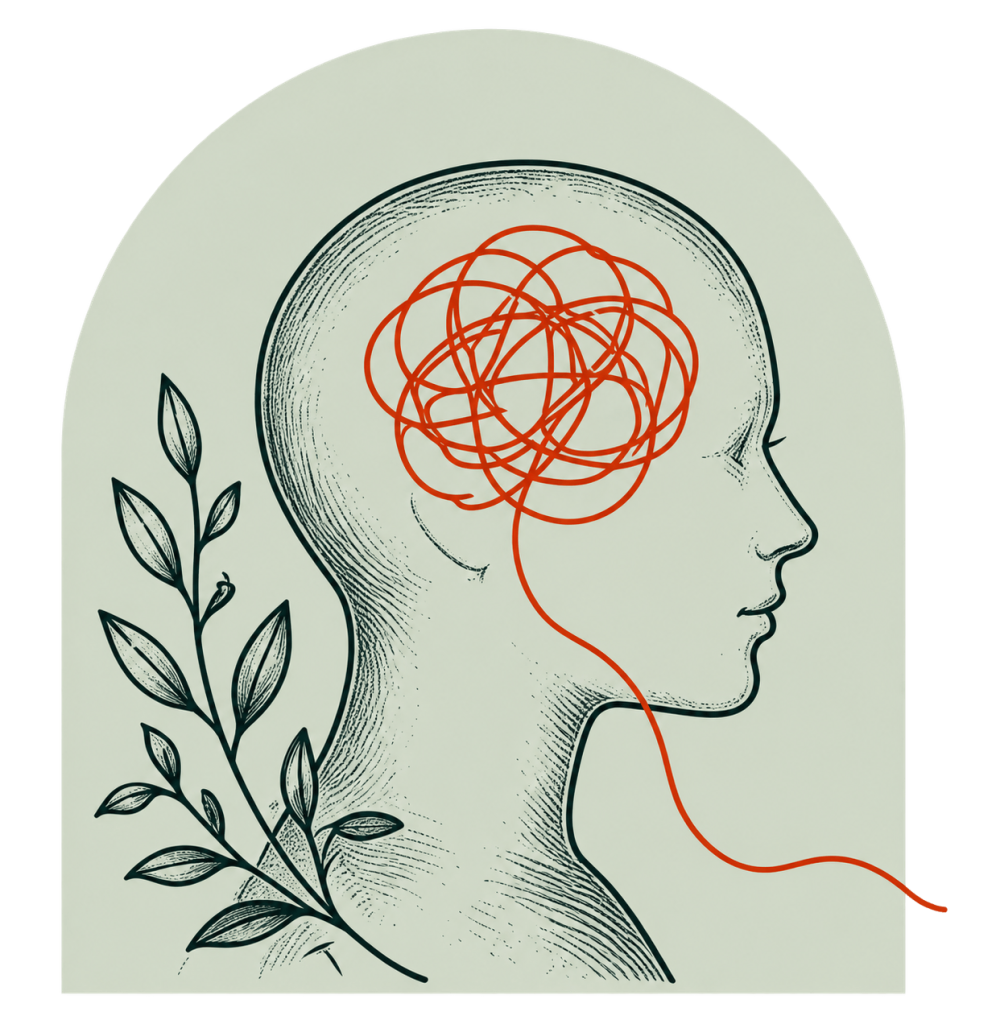 Vintage illustration of a person’s profile with a tangled orange thread inside their head and a leafy branch alongside.