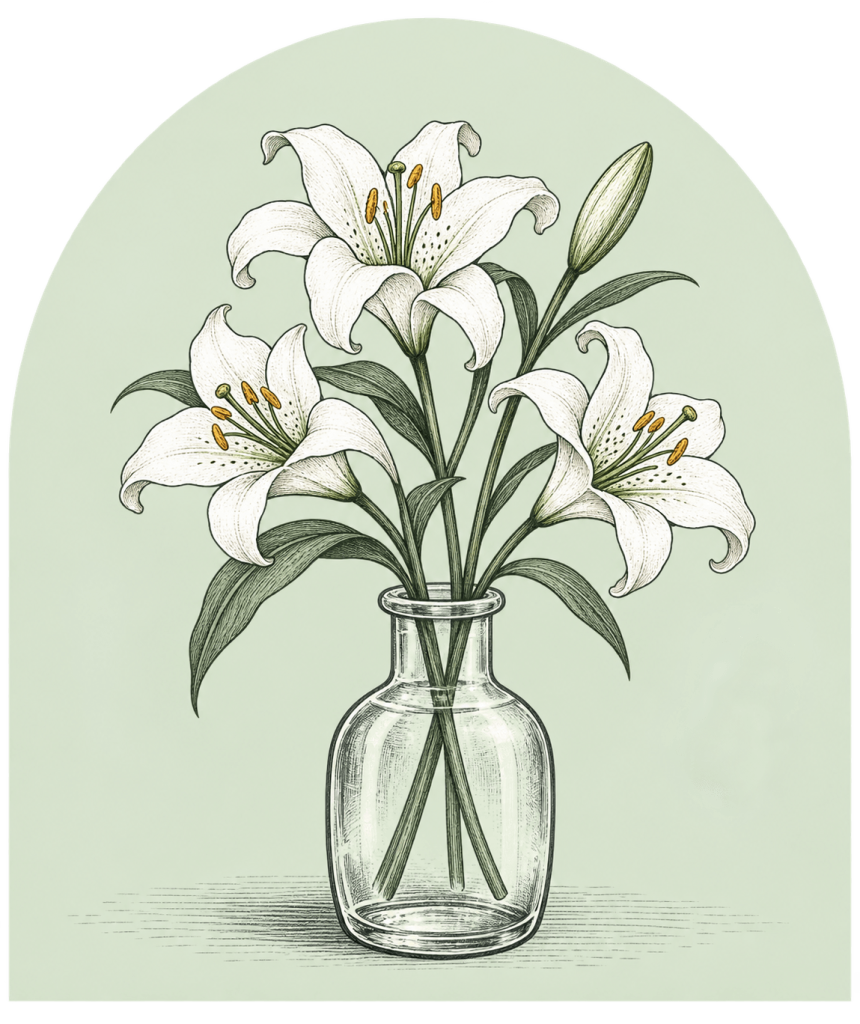 Delicate flowers in a glass vase, representing bereavement and loss.