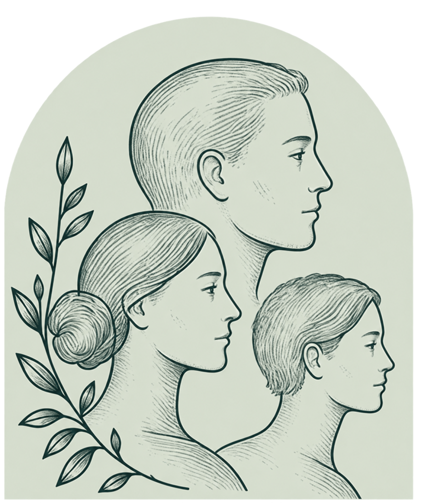Three family profiles with a botanical branch.