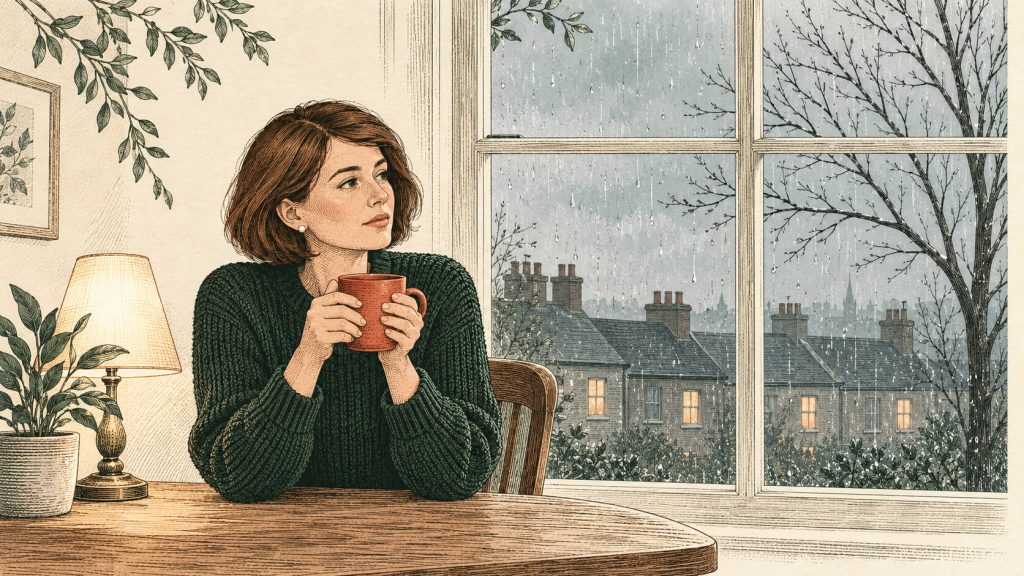 Illustration of a woman holding a warm drink and gazing through a rain-streaked window on a winter evening.