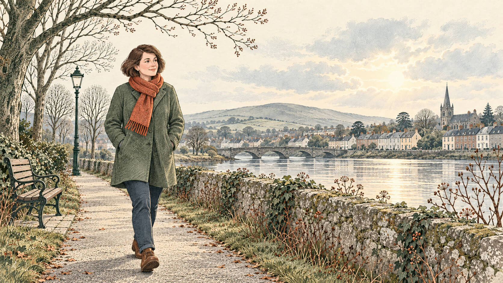 Illustration of a woman walking beside an Irish river, with a bridge and town in the background.
