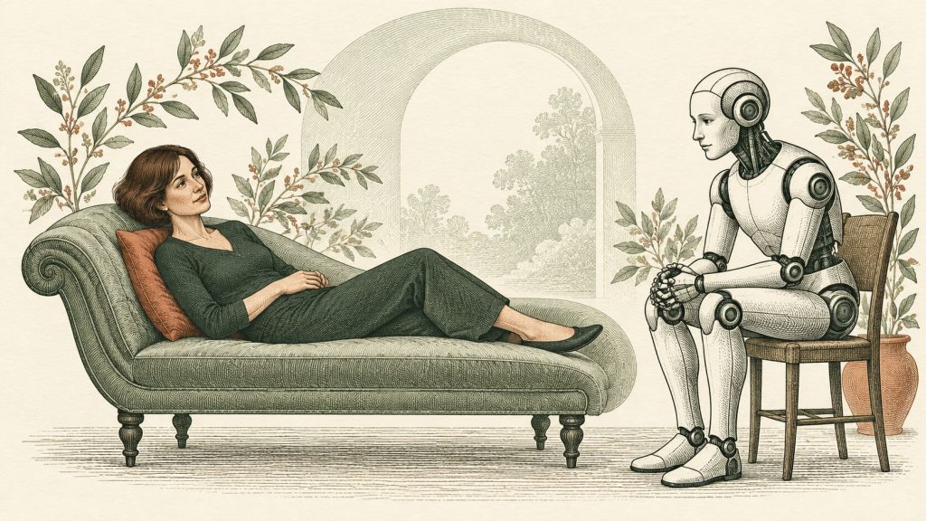 Vintage-style illustration of a woman reclining on a counselling couch opposite a robot therapist