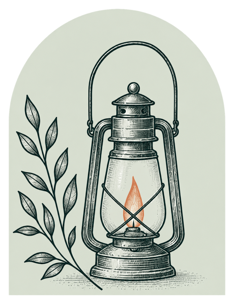 Vintage lantern with a warm flame and botanical branches.