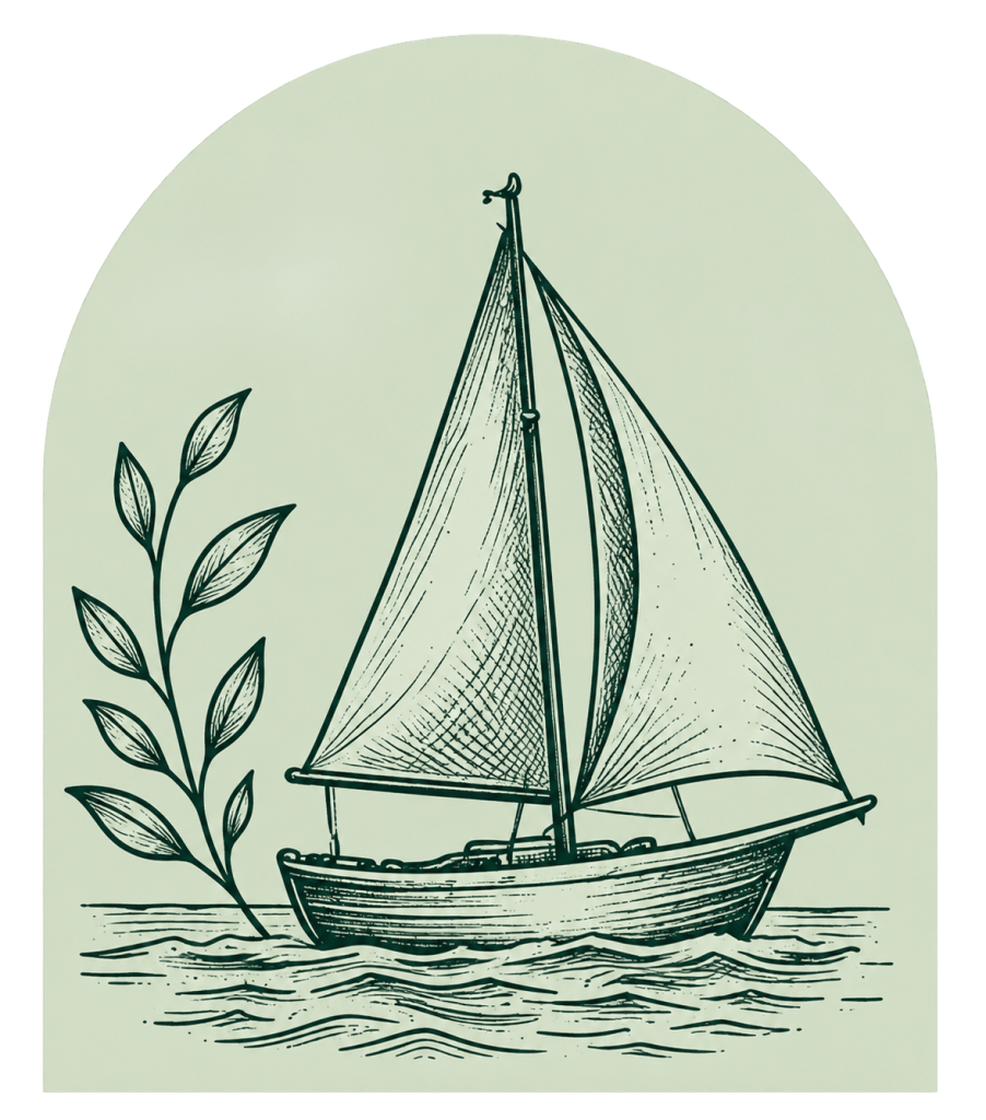 Vintage sailboat with a botanical branch and terracotta pennant.